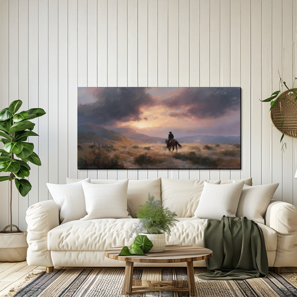Cowboy on the Prairie Canvas Wall Art – High Quality Poly-Cotton Canvas Print, 1.5 Inch Wood Frame Western Landscape Decor