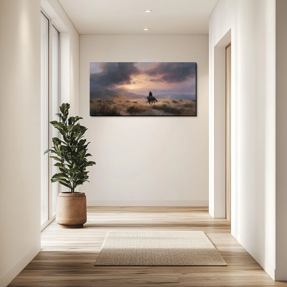 Cowboy on the Prairie Canvas Wall Art – High Quality Poly-Cotton Canvas Print, 1.5 Inch Wood Frame Western Landscape Decor